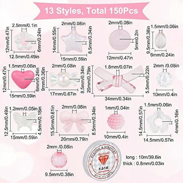150 stk. 13 Stiler Akryl Assorterte Perler Pastel Perler Transparente Blomsterperler Godteri Fasettert Stjerne Hjerte Sommerfugl