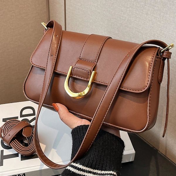 Ny Tide Høst Og Vinter Retro Pu Skinn Nisje Joker Crossbody Skulderveske Baguette Underarmsveske brown