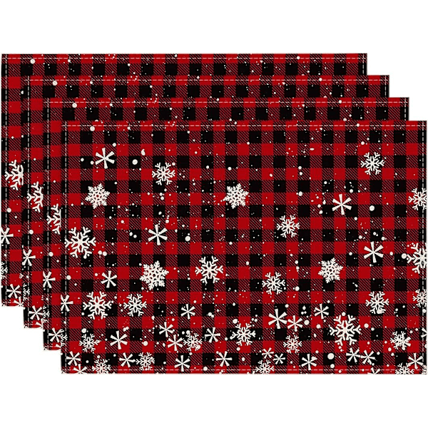 Punainen ja musta ruudullinen joulupöytätabletti ruokapöydälle, 30 x 45 cm, talvikauden lumihiutaleet, 4 kpl