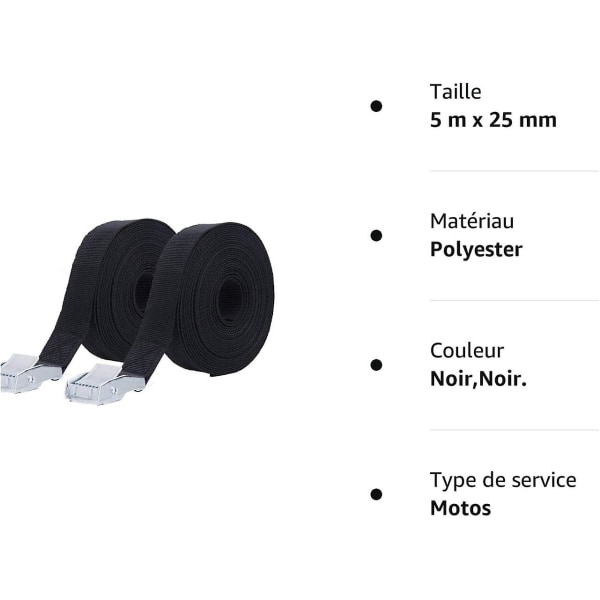 2-pack kraftiga 5m x 25mm surrningsremmar - remmar med kamspännen - svart