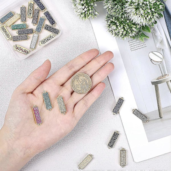 1 Ask 24 Stk 12 Färger Resin Druzy Berlocker Rektangulära Länkar Kopplingar Glitter Dubbla Slingor Förgylld Flatback Faux Kvarts Ädelsten Berlocker för Armband