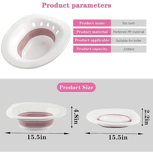 Sammenklappeligt siddebadekar til toilet, siddebadekar til gravide kvinder, hæmorider, ældre, passer til universelle toiletter og toiletstol (pink)
