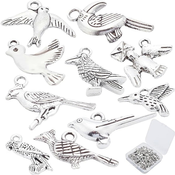 80 st Fågelberlocker 10 Stilar Kolibri 3D Djur Legering Papegoja Emaljhängen för Smyckestillverkning Antik Silver
