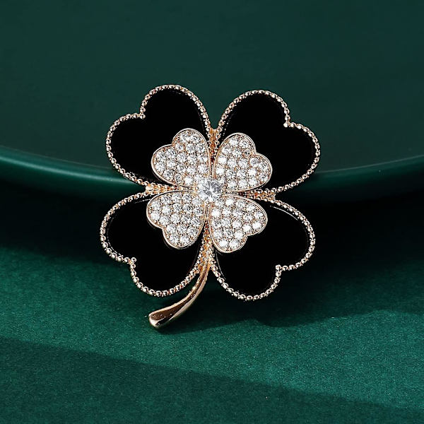 Broche Pins Heldige Firkløver Guldblad Rhinestone Krystal Valentinsblomst Reversbrocher Til Kvinder Piger Mode Smykker Gave