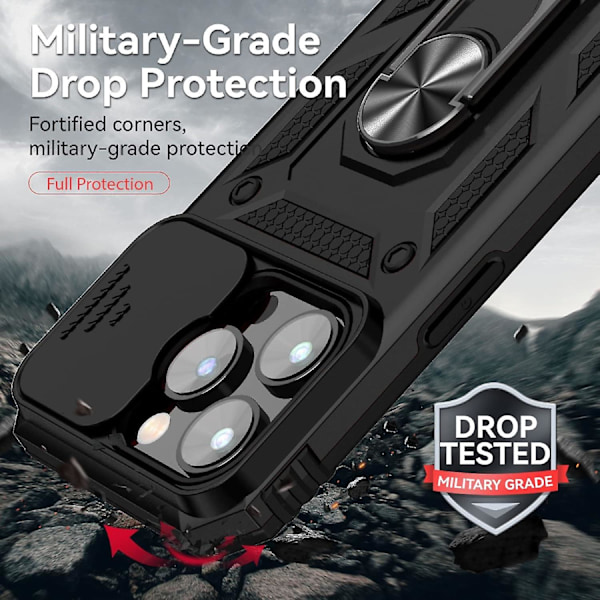 Pansret deksel med stativ for iPhone, med skyvbart kameradeksel og støttefot, militærgrad, kraftig beskyttelse med magnetisk holder for iPhone12PRO MAX (svart)
