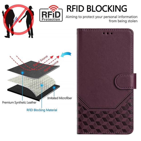 Honeycomb-preging RFID-telefondeksel i lær for Doogee Note 59 / Note 59 Pro Violet