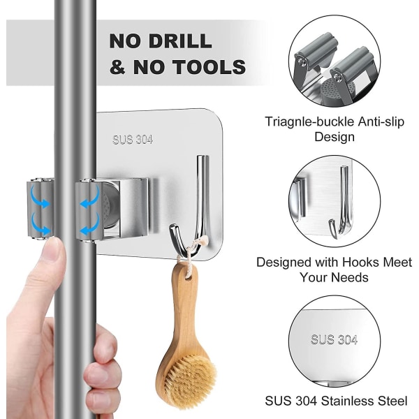 4 Pak Mop Kost Holder, Vægmonteret Mop Holder Uden Bor, Mop Kost Organizer Til Badeværelse, Kontor, Køkken, Skab, Garage (