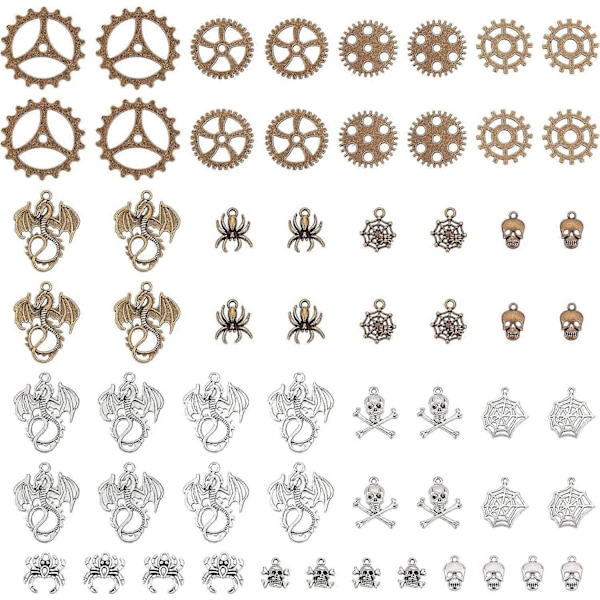 60 st Vintage-inspirerade Berlocker 15 Stilar Gotiska Hängsmycken Flygande Drakar Skalle Växlar Berlocker Tibetansk Legering Hängsmycken
