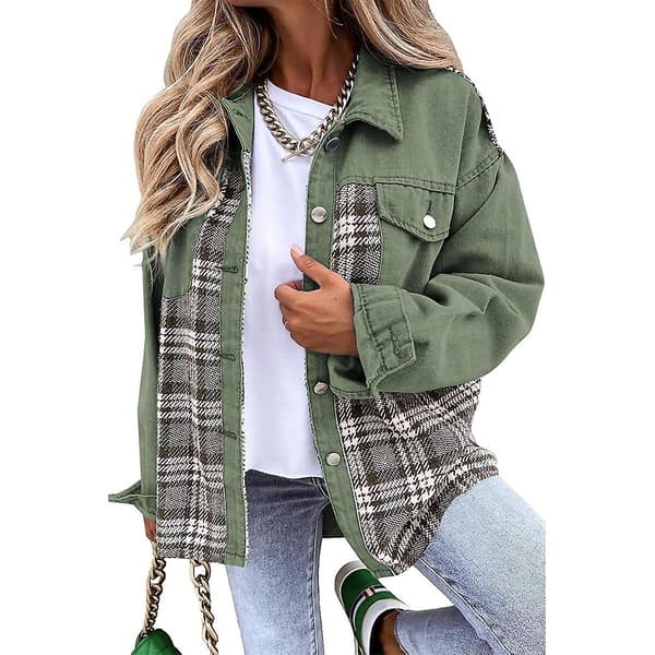 Dame Denimjakker med Knapper, Langærmede Afslappede Skjorter Green 2XL