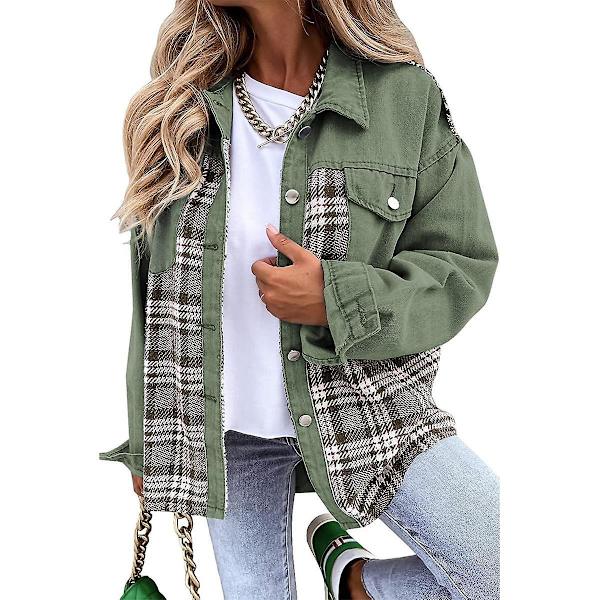 Dame Denimjakker med Knapper, Langærmede Afslappede Skjorter Green S