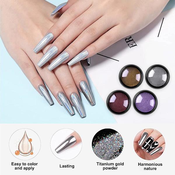 Nagelpulver Metall Spegel Mjöl Holografiskt Pigmentpulver Nagelkonst Dekoration Set 4 Lådor Set3