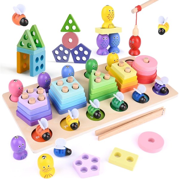 Barnleksak, Trästapling och sortering leksak, 20 geometriska block, Trä fiskespel, Form sortering pussel, Träleksak för present till flicka pojke Ba