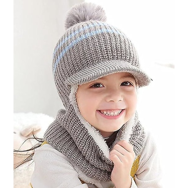 Sztxj Winter Warm Kids Stickad Fleece Beanie Hat med Visir Huva Öronlapp Hattar För Flickor Pojkar Ull Mohair Flerfärgad, Grå