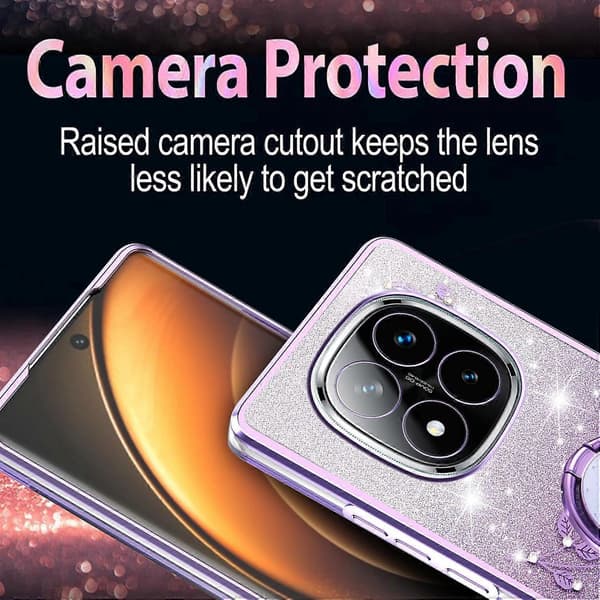 KADEM Skal för Xiaomi Redmi Note 14 Pro+ 5G Ringstativ TPU Blommor Telefonskal Gradient Glitter Purple