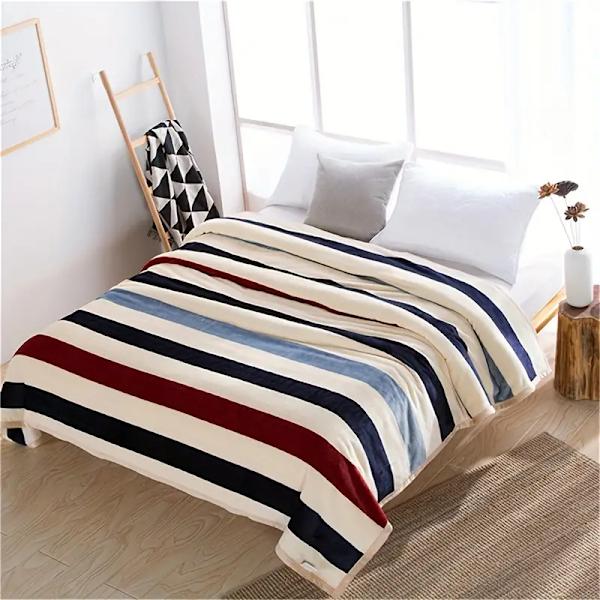 1 stk. Stribet Flanelstæppe til Seng, Blødt Hyggeligt Kastetæppe, Lurtæppe til Rejser, Sofaseng, Kontor, Boligindretning, Fødselsdags- og Julegavetæppe 150x200cm