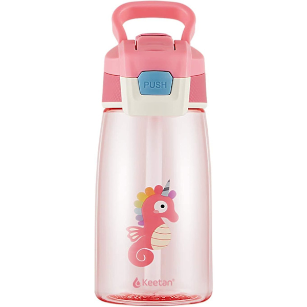 Lasten juomapullo pillillä, uudelleenkäytettävä juomapullo kouluun, BPA-vapaa, tiivis, 480 ml, pinkki, merihevonen