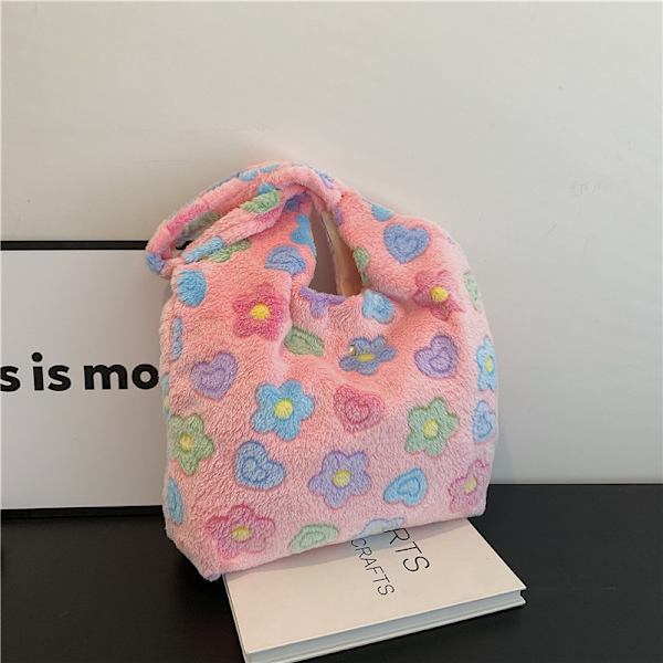 plysch fluffig tygväska stor kapacitet plysch underarmsväska handväska fluffig axelväska blomma fluffiga väskor rosa