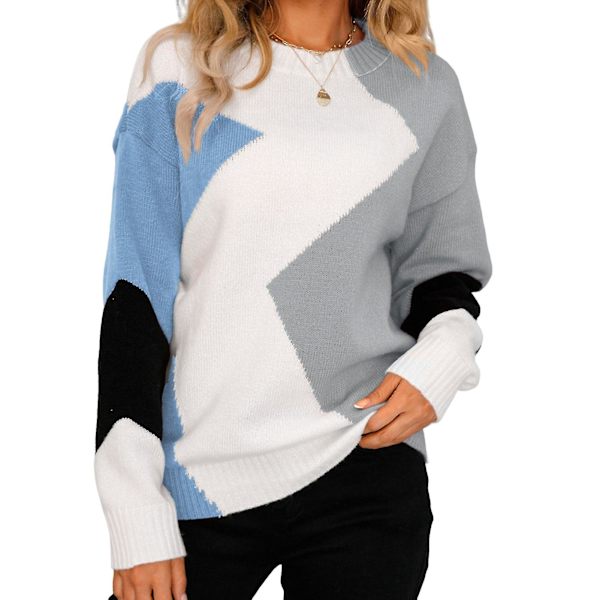 Naisten tyylikäs ruutukuvioinen neulepusero, pitkähihainen collegepaita, pyöreä pääntie, suuri koko, naisten rento löysä neule XL Blue White Grey