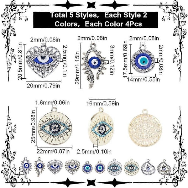 1 Ask 40 st 5 Stilar Silver Ögon Charm Guld Ögon Charm Bulk Alloy Emalj Rhinestone Hjärta Runda Flatback Charm för Smyckestillverkning Charms Kvinnor D