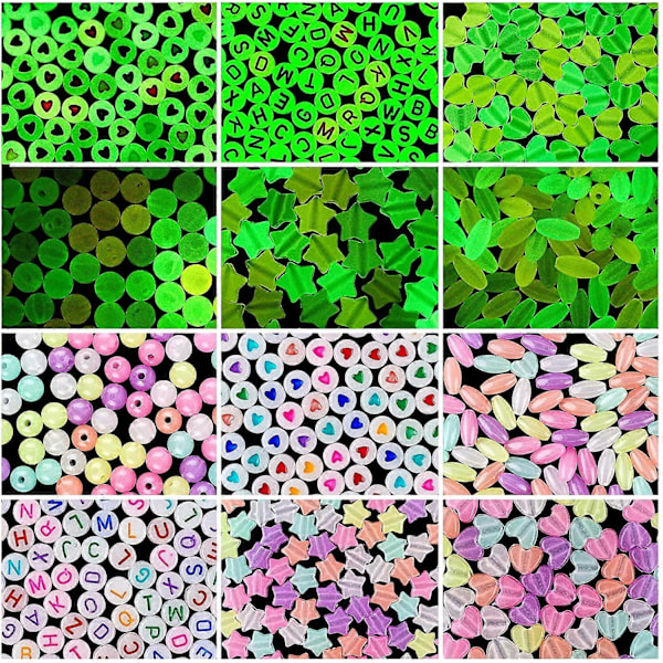 Omtrent 600 stk. Selvlysende Akrylperler som Lyser i Mørket, 6 Stiler Assorterte Fargerike Løse Akrylperler for Smykkefremstilling