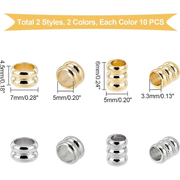 40 stk. 2 Farger Paracord Perler Rillet Søyle Avstandsperler Metall Snorperler Rustfritt Stål Perler 3,3/5 mm Hull Metallperler for DIY Smykkefremstilling