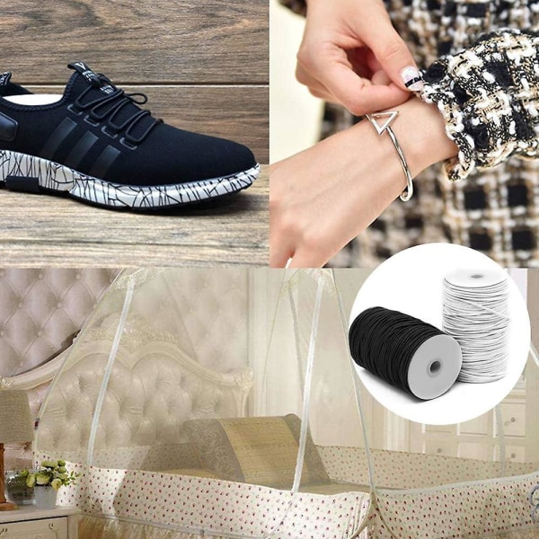 2-pack 3mm elastisk sladd stretch string, Sourceton elastisk pärltråd (svart & vit, 100 meter), perfekt för hantverk, hårband och hemmaanvändning
