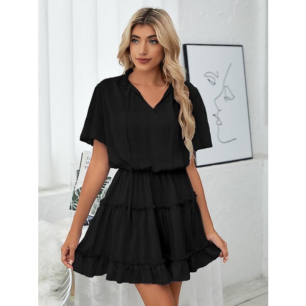 Dame V-hals Kjole med Volanger i Chiffon Red S
