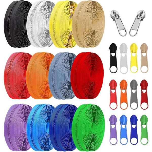 36 meter 12 st #5 dragkedjor per meter för sömnad Olika längder Nylon dragkedjor med 96 st färgglada och silverreglage för blandade tillbehör för