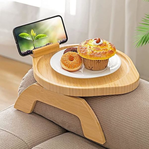 Armlænsbakke i træ med 360° roterende telefonholder, foldbar sofa, armlænsbakke, klemme, sofa, armbord, til brede sofaer (rund)