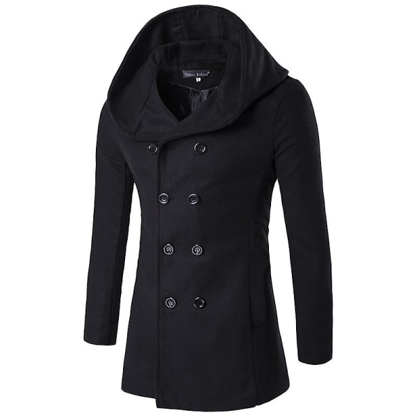 Vinter Solid Color Pea Coat Ull Män, Varmt Huvad Slim Jackor Black M