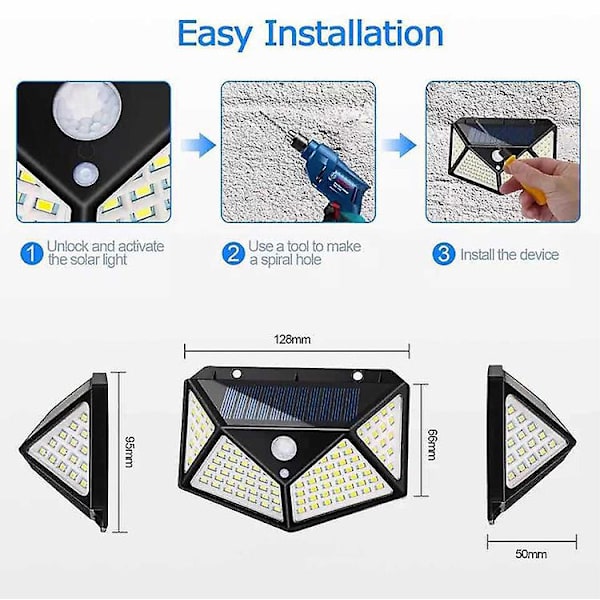 4-pack 100 LED-bredstrålkastare med vidvinkel och rörelsesensor för staket, däck, uteplats, ytterdörr, gård, garage