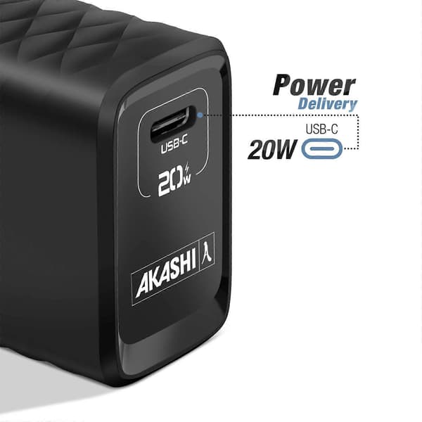 USB - USB-C 20W Vegglader PD Q 3.0 med Lightning-kabel Akashi Hvit Black