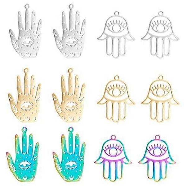 12 st 6 Stilar Rostfritt Stål Egyptiska Ögonberlocker Ondt Öga Fatima Symbol Charms Ondt Öga Skydd Charm för Smyckestillverkning Fynd DIY Halsband
