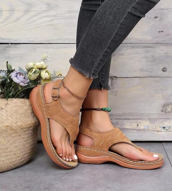 Dames Solid Farvede Brodererede Flip Flop Sandaler Strandtøfler 086 Brown EU 41