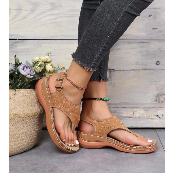 Naisten Yksiväriset Kirjailtu Flip Flop Sandaalit Rantakengät 086 Brown EU 37