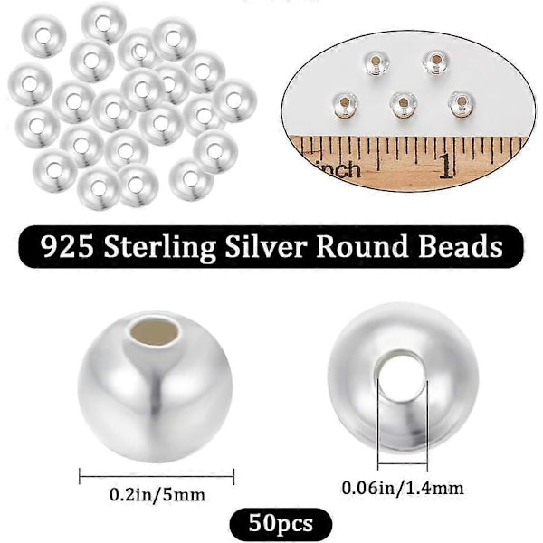 1 Ask 50 st 5mm Runda Distanspärlor Sterling Silver Lösa Pärlor Små Hål Distanspärlor Fynd