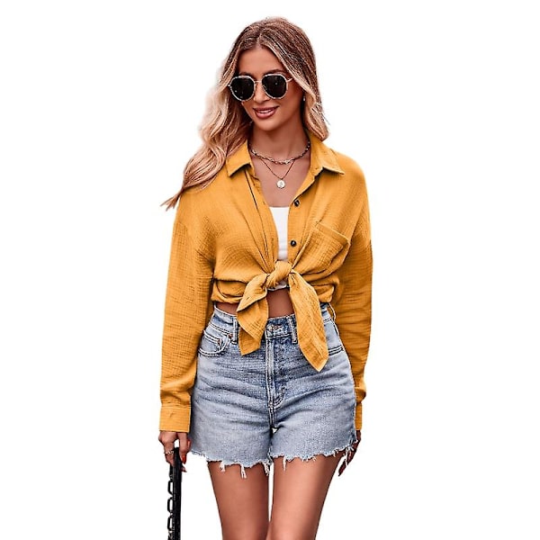 Dam Casual Långärmad Skjortor, Lös Passform Krage Skjorta Toppar Yellow 2XL