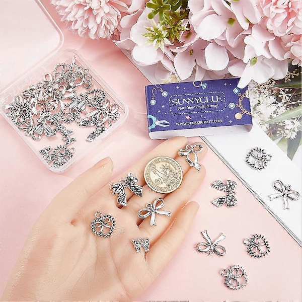 1 Ask 50 st 5 Stilar Rosettberlocker Rosett Charm Legering Silver Ihåliga Tibetansk Stil Halloween Jul Rosettknutsberlocker för Smyckestillverkning Berlocktillbehör