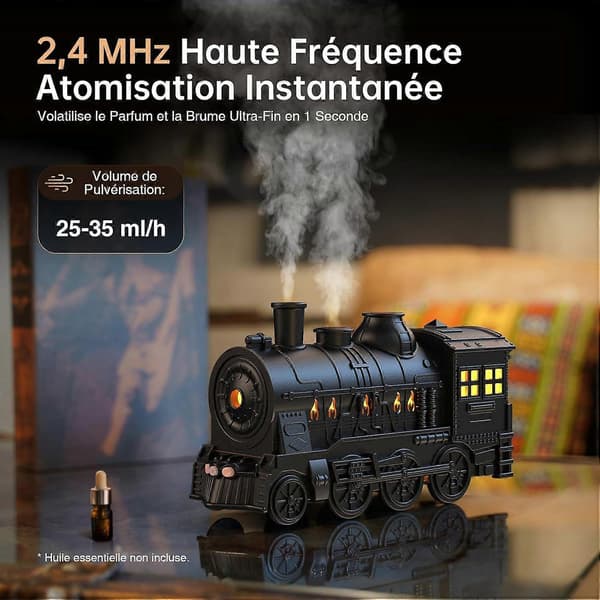 Aromadiffuser til æteriske olier - 300 ml mini luftfugter med togform, flammeeffekt, fjernbetjening, timer, strømadapter - Aromaterapi til