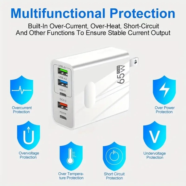 65W PD Multiport Hurtigoplader - PD og 3 USB-porte Adapter hvid