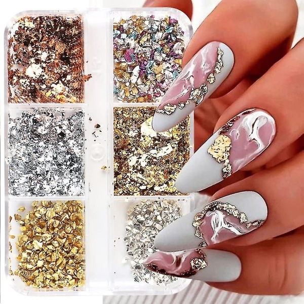 6 Galler Färgglada Nagelkonst Folier Glittrar Aluminiumflingor Nagelkonst Tillbehör Oregelbundna Guld Silver Koppar Nagelfolie För Gel Polish Nagel Dekorationer B