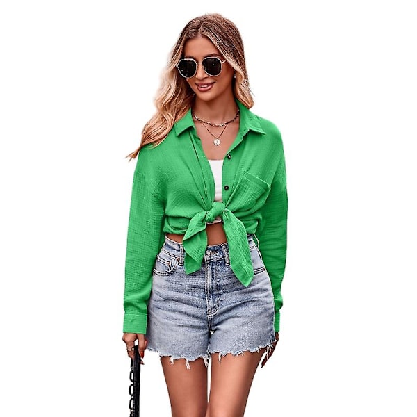 Dam Casual Långärmad Skjortor, Lös Passform Krage Skjorta Toppar Green 2XL