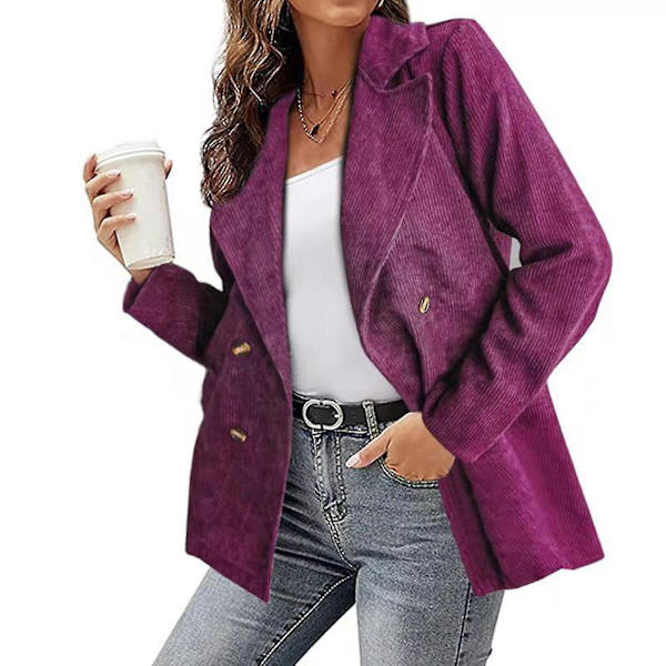 Kordfløyelsjakke for kvinner, ensfarget, løs jakke med jakkeslag, moteriktig yttertøy med lange ermer for XL Purplish Red