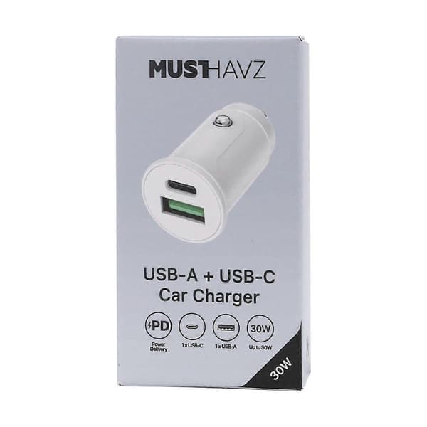 12W USB-A / 30W USB-C Billader, Power Delivery-kompatibel, Hvit