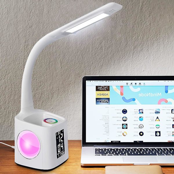 LED-skrivbordslampa med USB-laddningsport, dimbar LED-bordslampa för barn med klocka och pennhållare, hemmakontor, studentboende