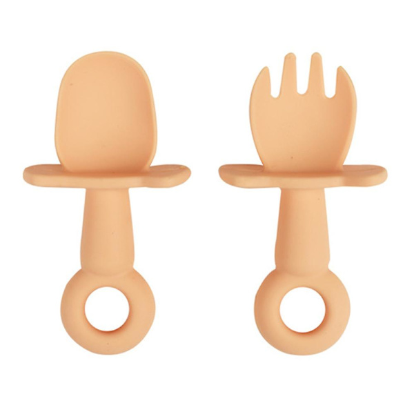 Självbetjäningsbestick, Silikon sked och gaffel set, Anti kvävning lock, Lätt att greppa, Lämplig för spädbarnsavvänjning Beige