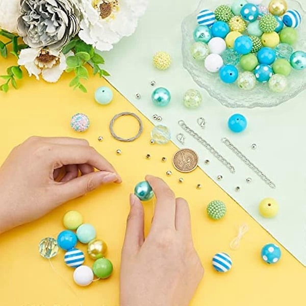Tjocka Bubbelgum Pärlor 20mm Grön Blå Gul Pärlor 53st Stora Godis Lösa Pärlor 47st Järn Distans Pärlor Kedja Elastisk Tråd för Girlang Påsk Sommar
