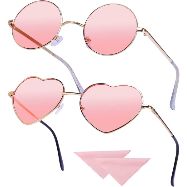 2-pack Heilwiy Hippie Glasögon Retro Runda Glasögon Hjärtformade Glasögon Set För 60-talet 70-talet Fancy Gift