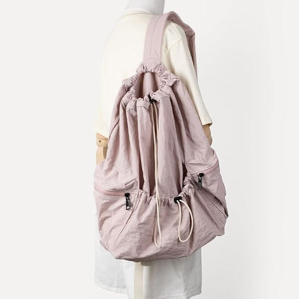 Nylon rygsæk til kvinder mænd, vandtæt snøre rygsæk med flere lommer let pink