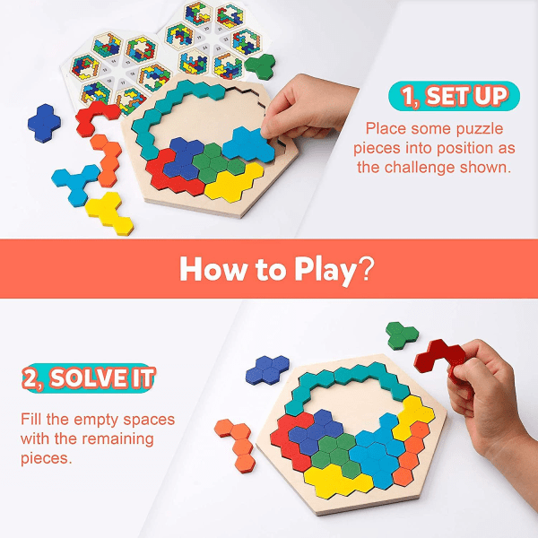 Hexagonpussel i trä - Formblock Tangram Brain Teaser Toy Geometri Logic Iq Present